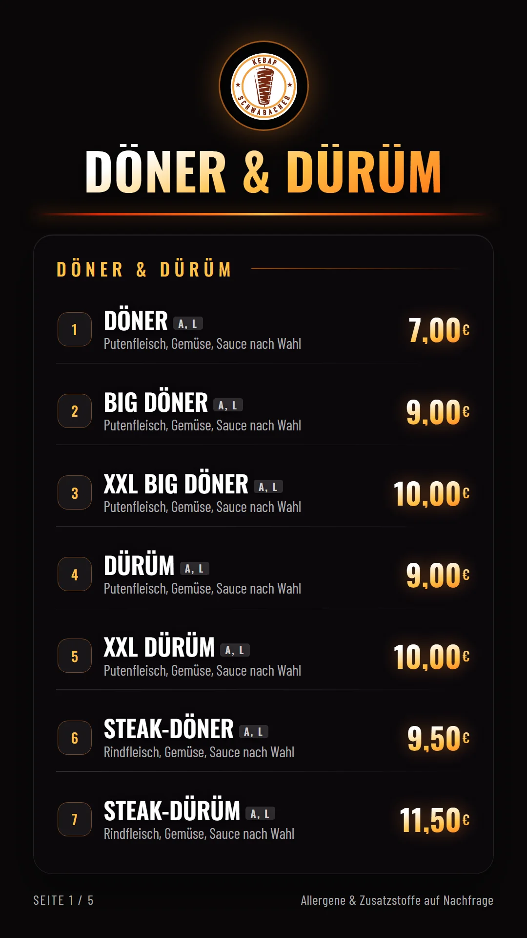Speisekarte Seite 1 – Döner & Dürüm